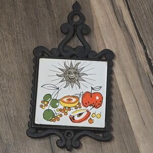 Celestial Cast Iron Ceramic Tile Trivet Sun Fruit Enesco Wall Vintage Home Decor